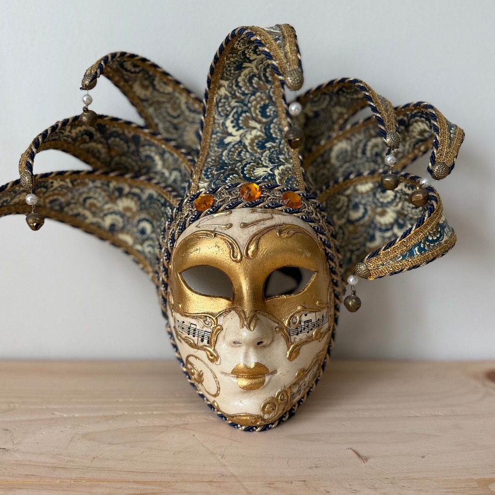 Vintage Venetian Jester Mask Gold Blue Musical Notes Bells Wall Decor Gorgeous